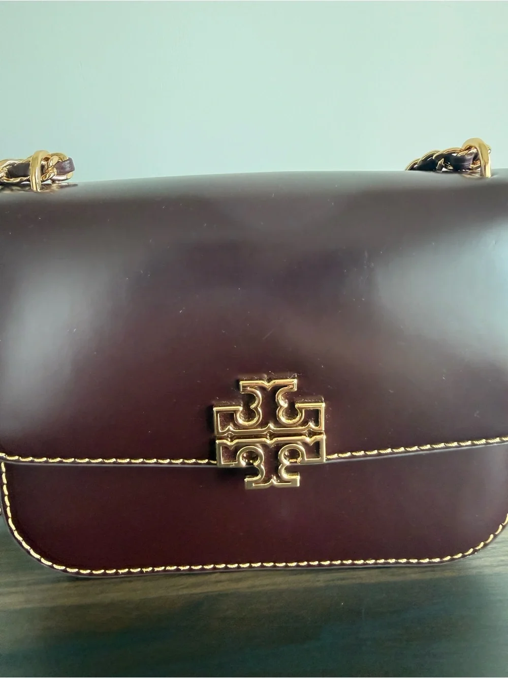 Tory Burch Convertible Chain Crossbody Bag in Burgundy with Gold Hardware